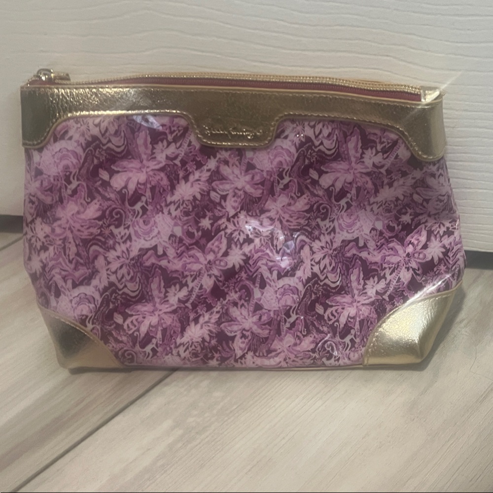 Gold-Trim Purple Floral Cosmetic Pouch